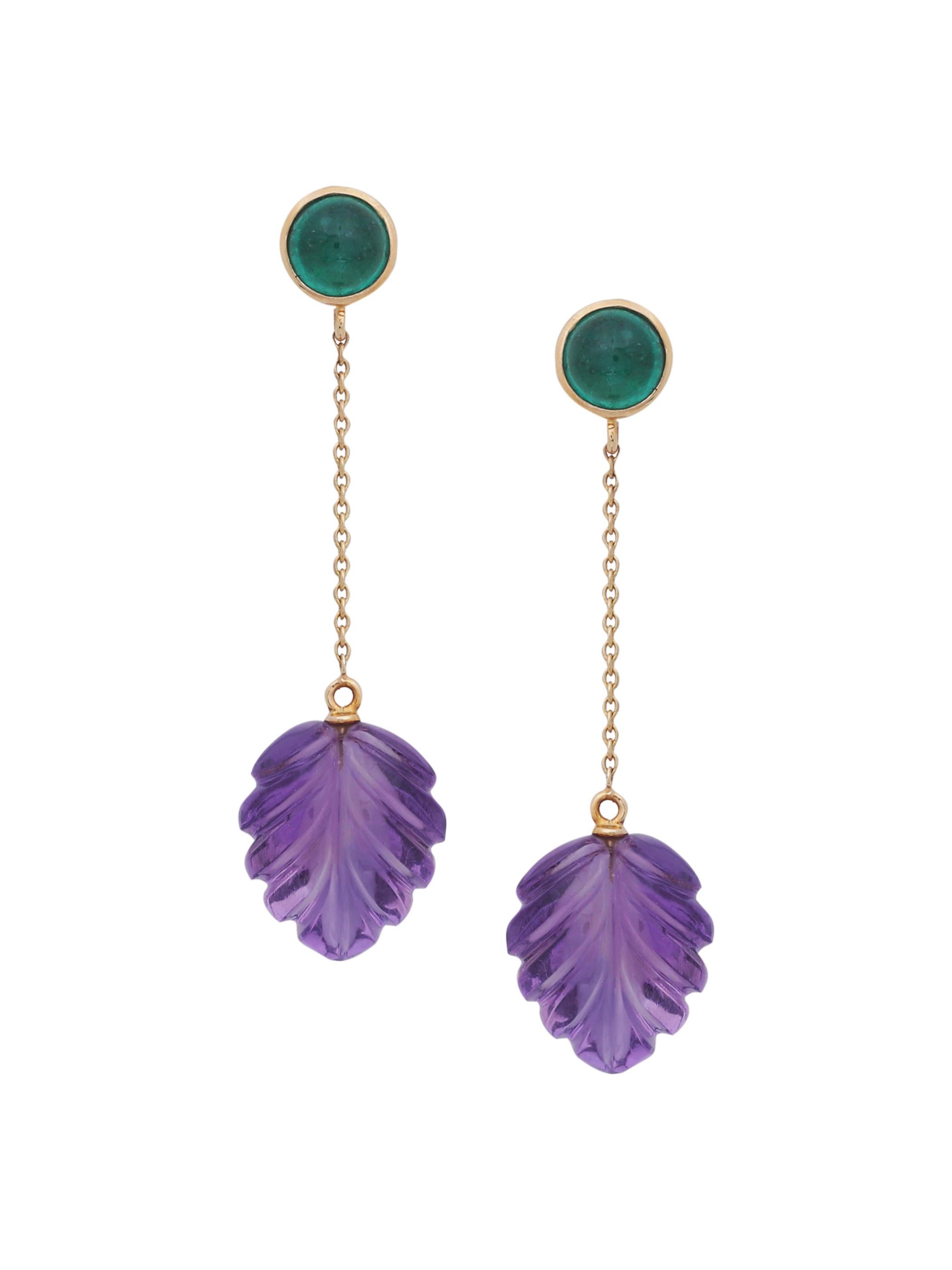 Emerald Cabochon and Amethyst Carved Leaves Earrings Handmade in 18K Yellow Gold In New Condition For Sale In Jaipur, IN