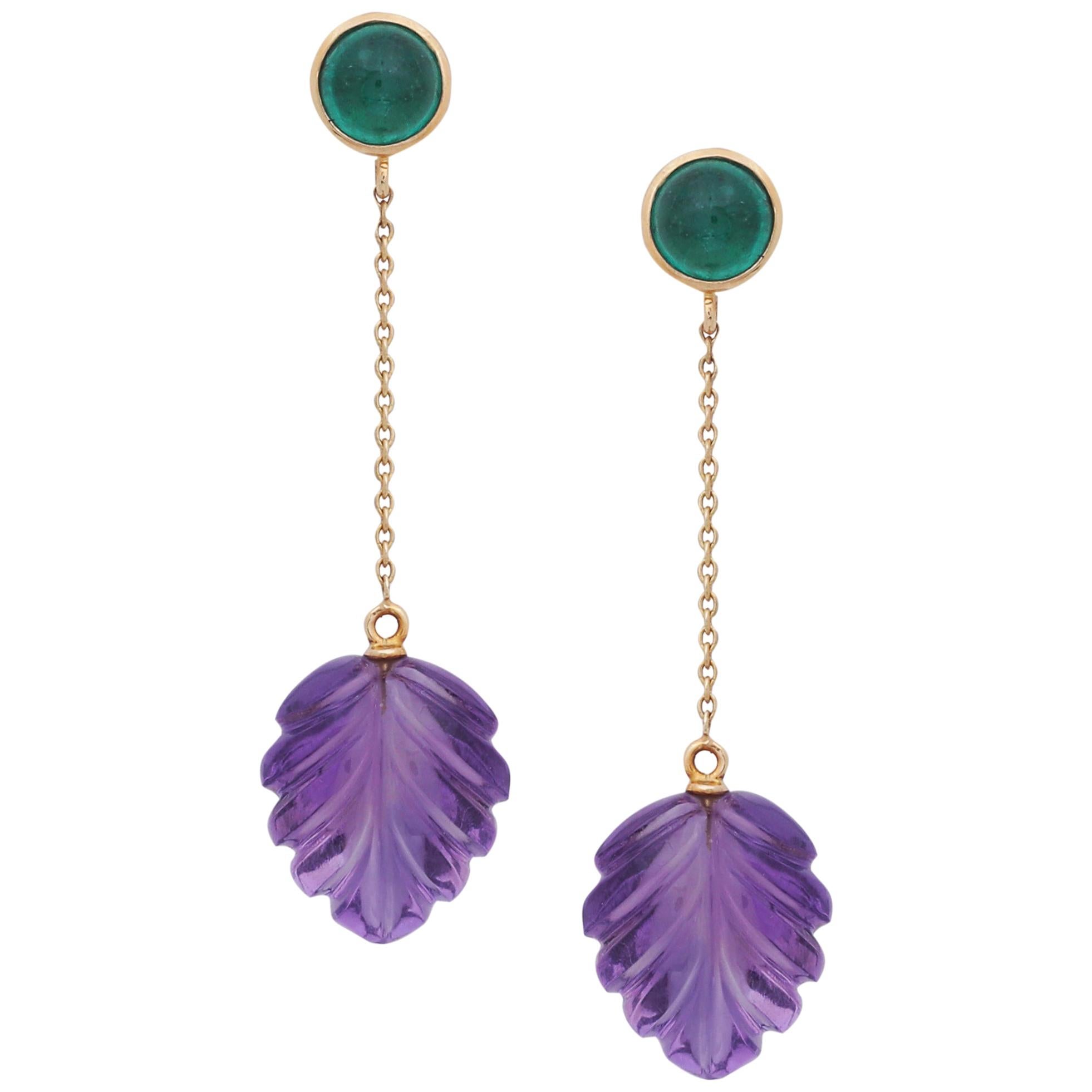 Emerald Cabochon and Amethyst Carved Leaves Earrings Handmade in 18K Yellow Gold For Sale