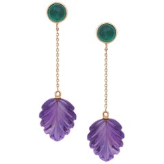 Emerald Cabochon and Amethyst Carved Leaves Earrings Handmade in 18K Yellow Gold