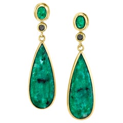 Emerald Cabochon and Black Diamond 18 Karat Gold Bezel Set Dangle Earrings