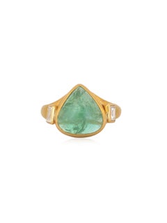 Emerald Cabochon and Diamond Baguette Ring Handcrafted in 22k Gold