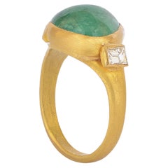 Emerald Cabochon and Diamond Baguette Ring Handcrafted in 22k Gold
