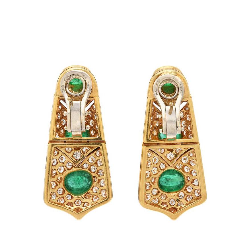 Emerald Cabochon and Diamond Earrings, 1960s In Excellent Condition In Idar-Oberstein, DE