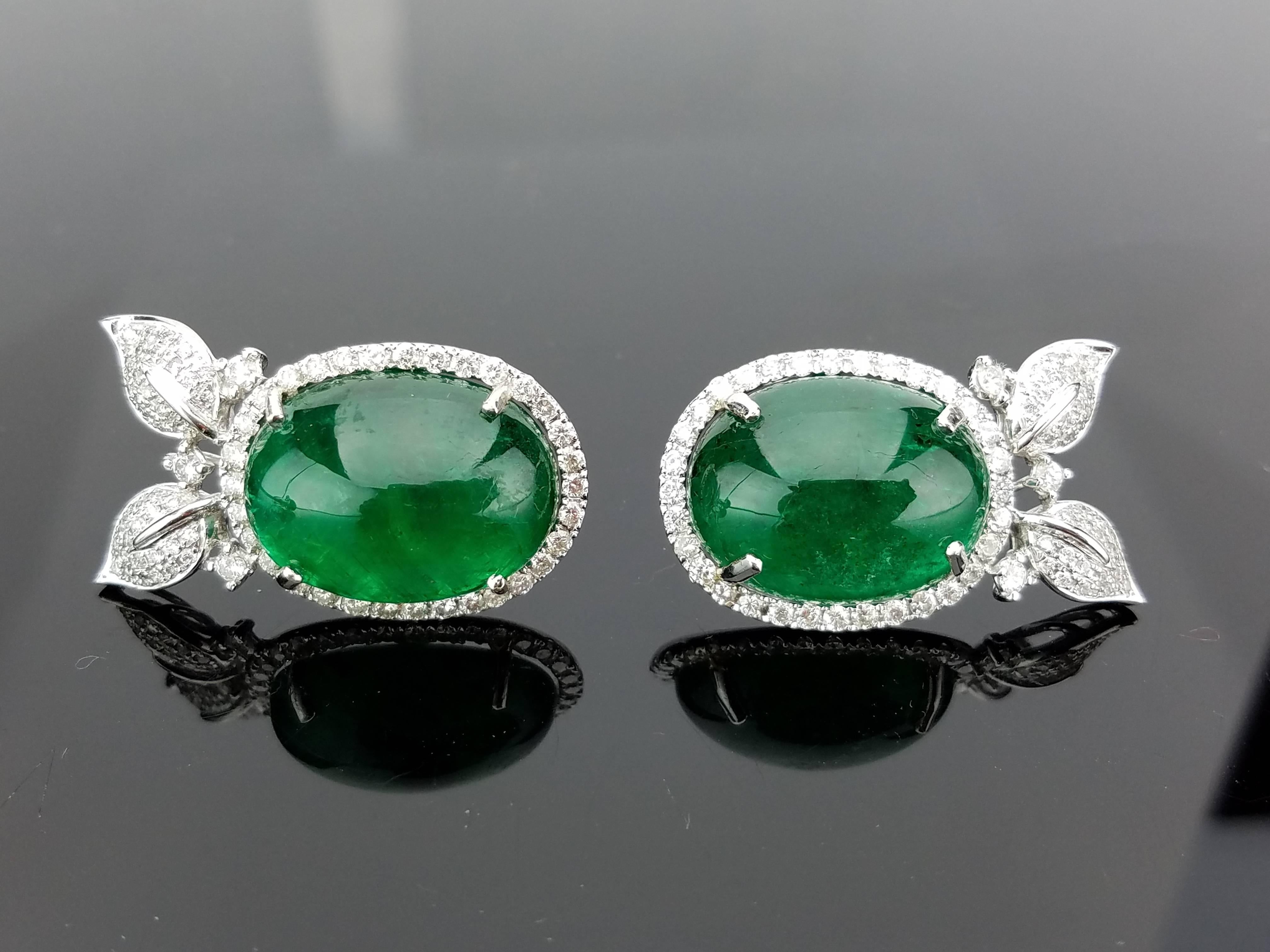 Oval Cut Emerald Cabochon and Diamond Floral Ring and Earring Suite
