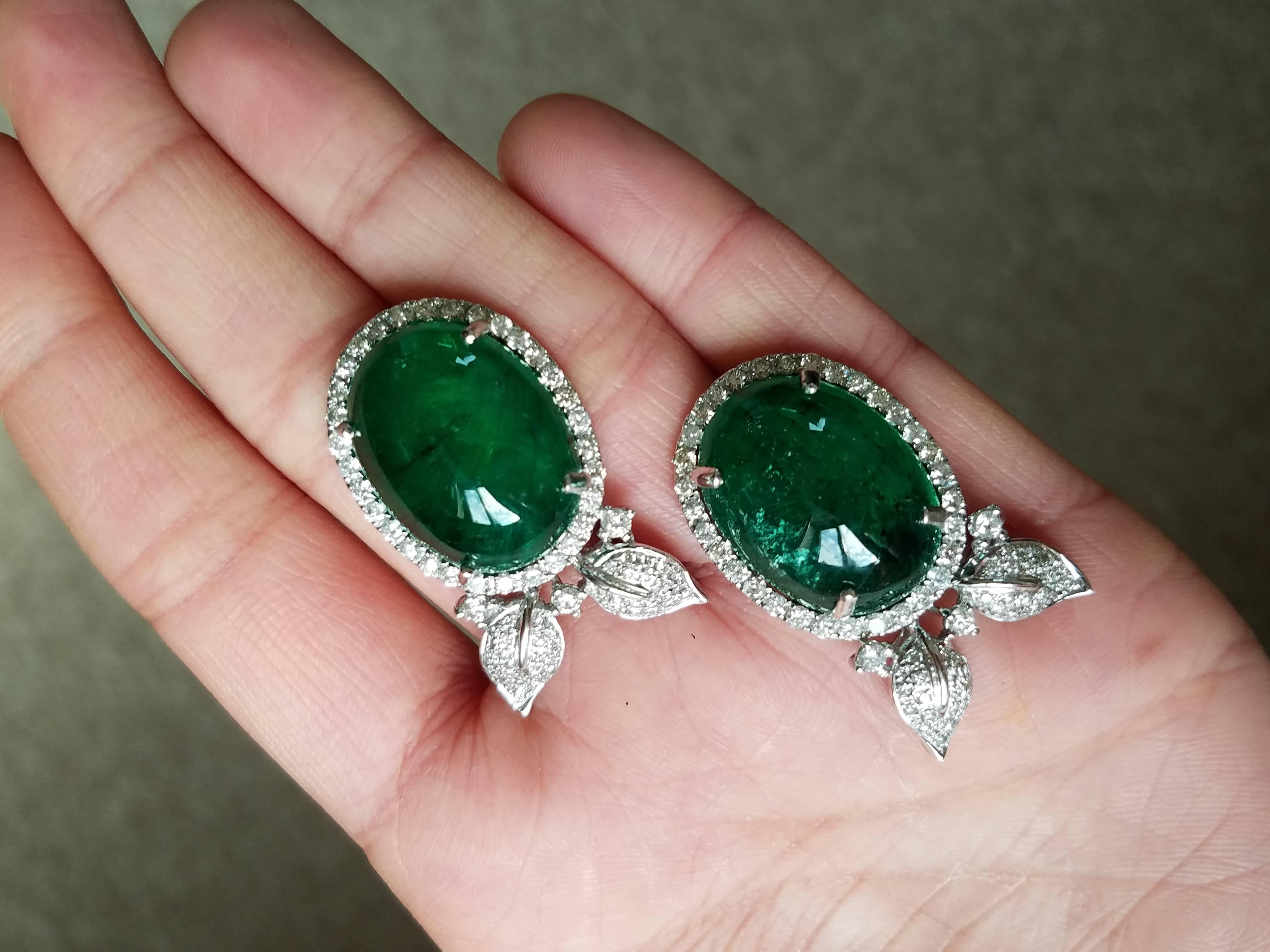 Women's Emerald Cabochon and Diamond Floral Ring and Earring Suite