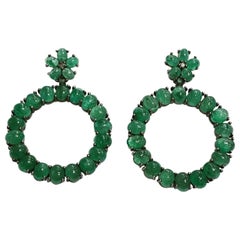 Vintage Emerald Cabochon and Diamond Frontal Hoop Earrings