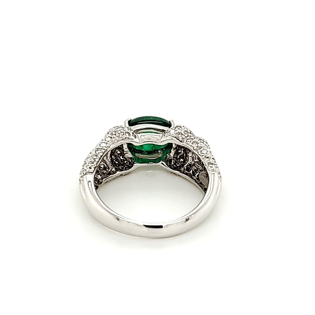 Art Deco Emerald Cabochon and Diamond Engagement Ring For Sale