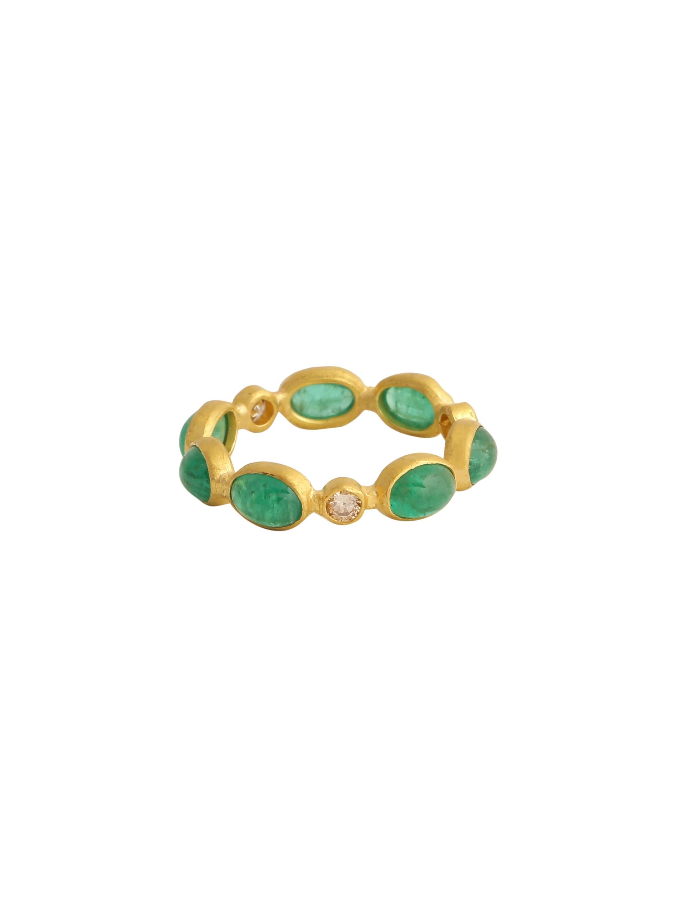 Art Deco Emerald Cabochon and Diamond Ring Handcrafted in 22kt Gold