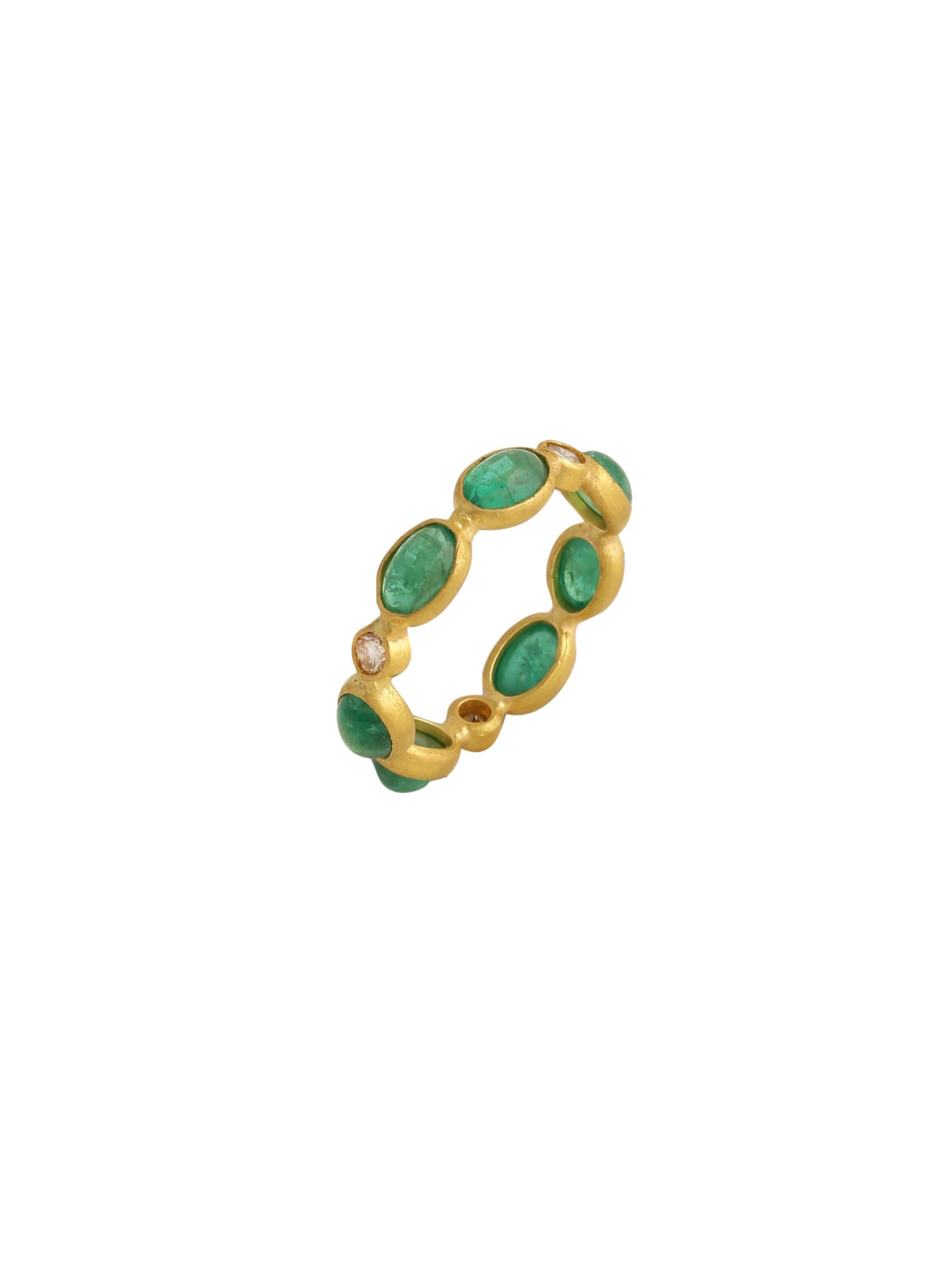 Women's or Men's Emerald Cabochon and Diamond Ring Handcrafted in 22kt Gold