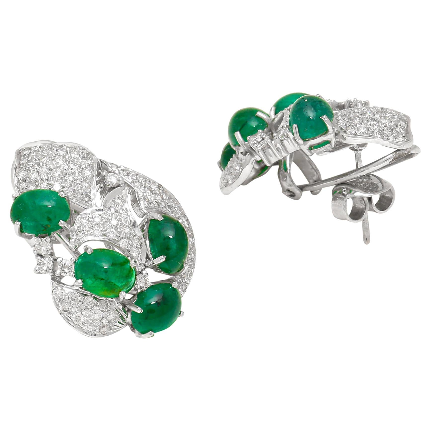 Emerald Cabochon and Diamond Stud Earrings in 18 Karat White Gold For Sale