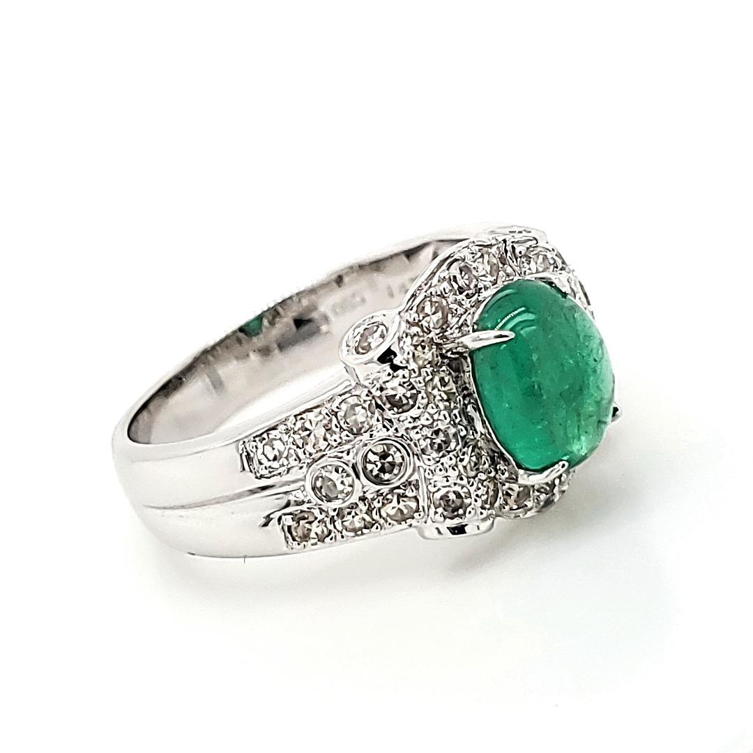 Emerald Cabochon and Diamond White Gold Engagement Ring For Sale 5
