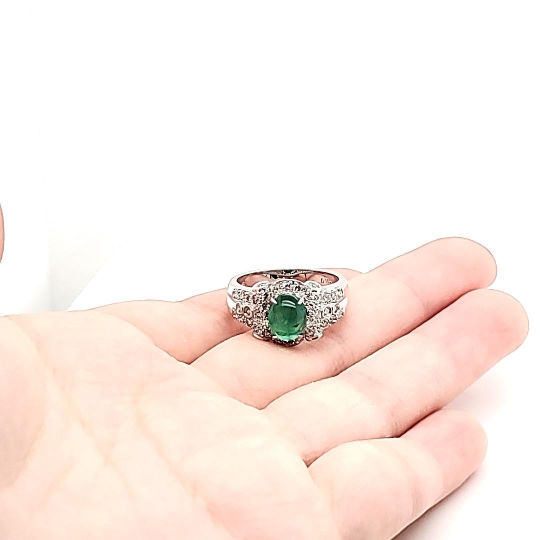 Emerald Cabochon and Diamond White Gold Engagement Ring For Sale 7