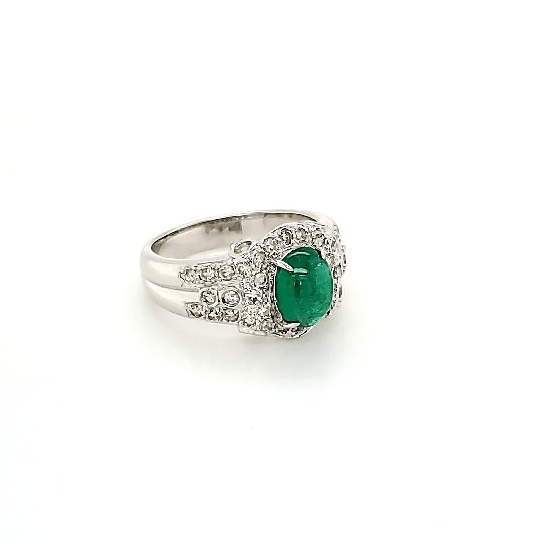 Contemporary Emerald Cabochon and Diamond White Gold Engagement Ring For Sale