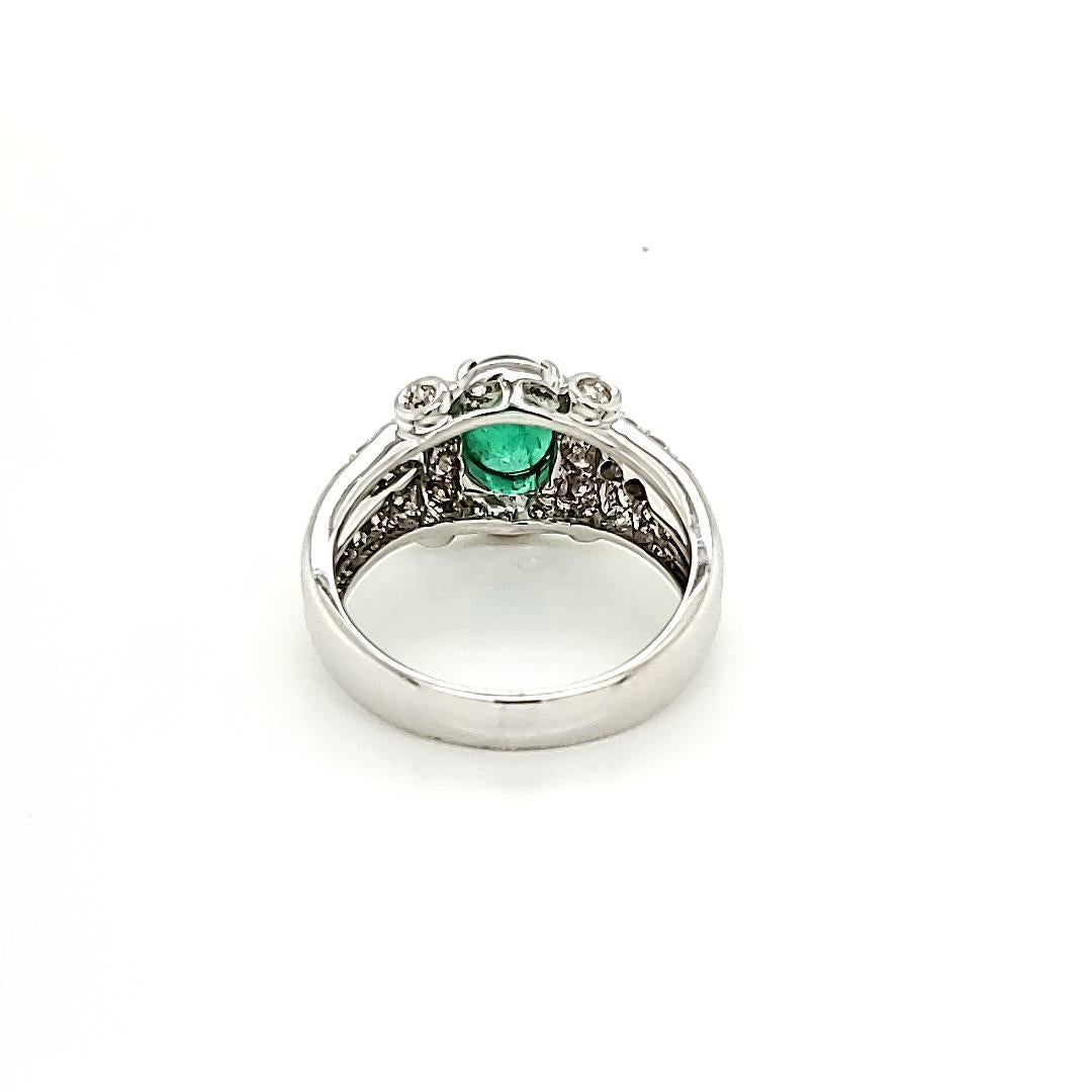 Women's or Men's Emerald Cabochon and Diamond White Gold Engagement Ring For Sale