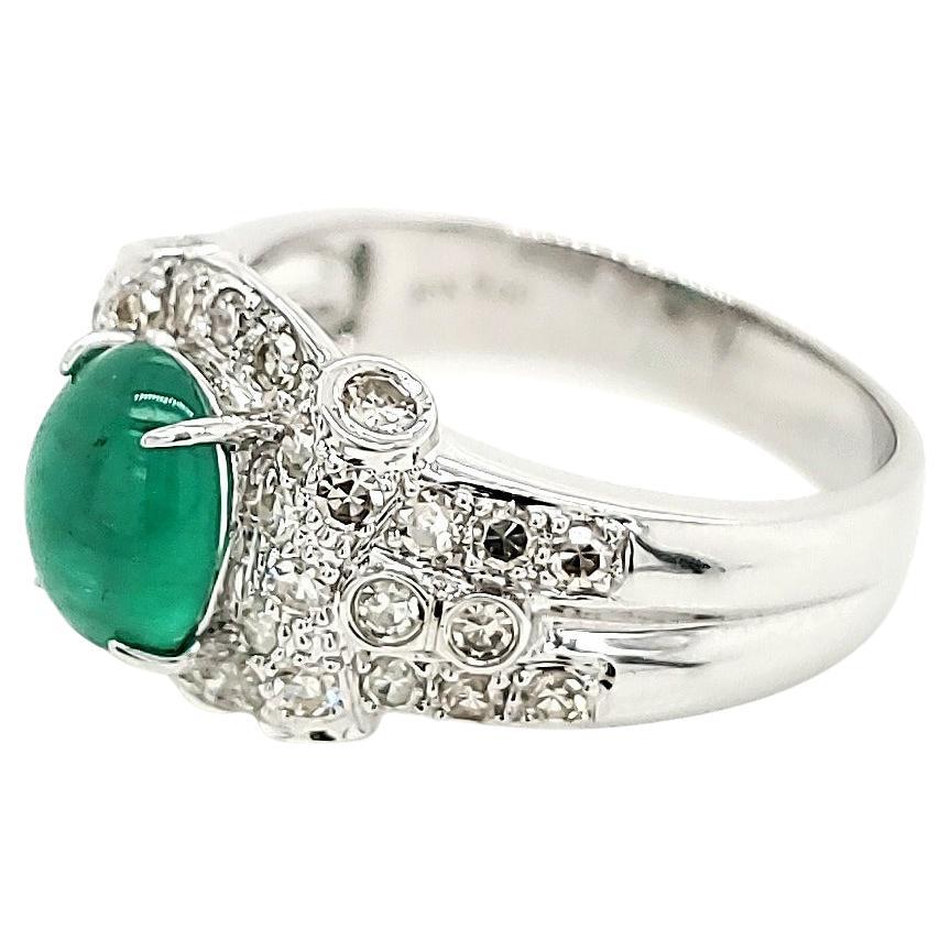 Emerald Cabochon and Diamond White Gold Engagement Ring For Sale