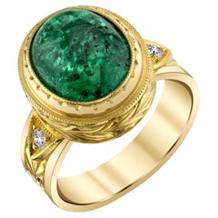 Emerald Cabochon and Diamond Yellow Gold Handmade & Engraved Ring, 5.08 Carats