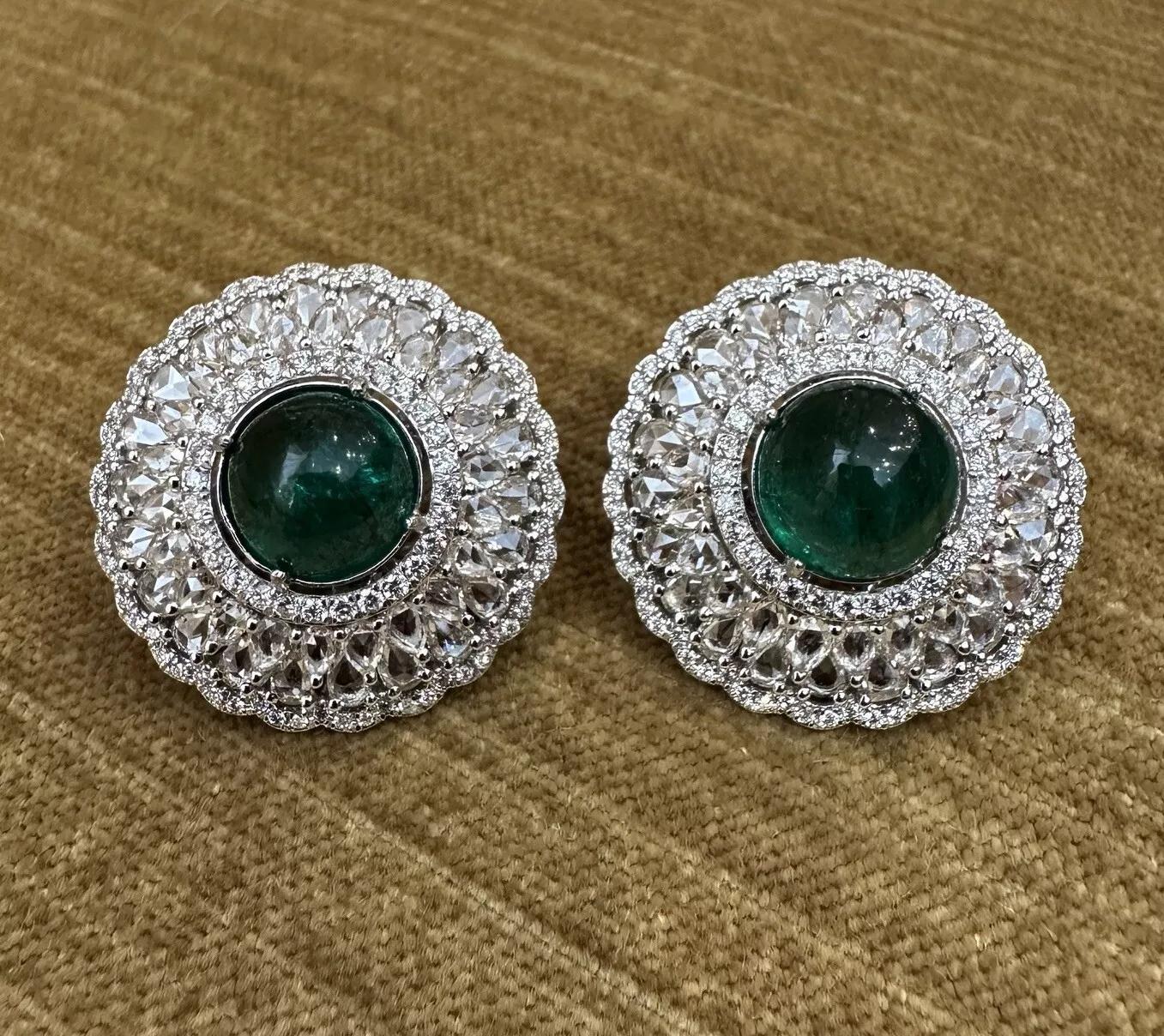 Emerald Cabochon and Rose cut Diamond Earrings in 18k White Gold In Excellent Condition For Sale In La Jolla, CA