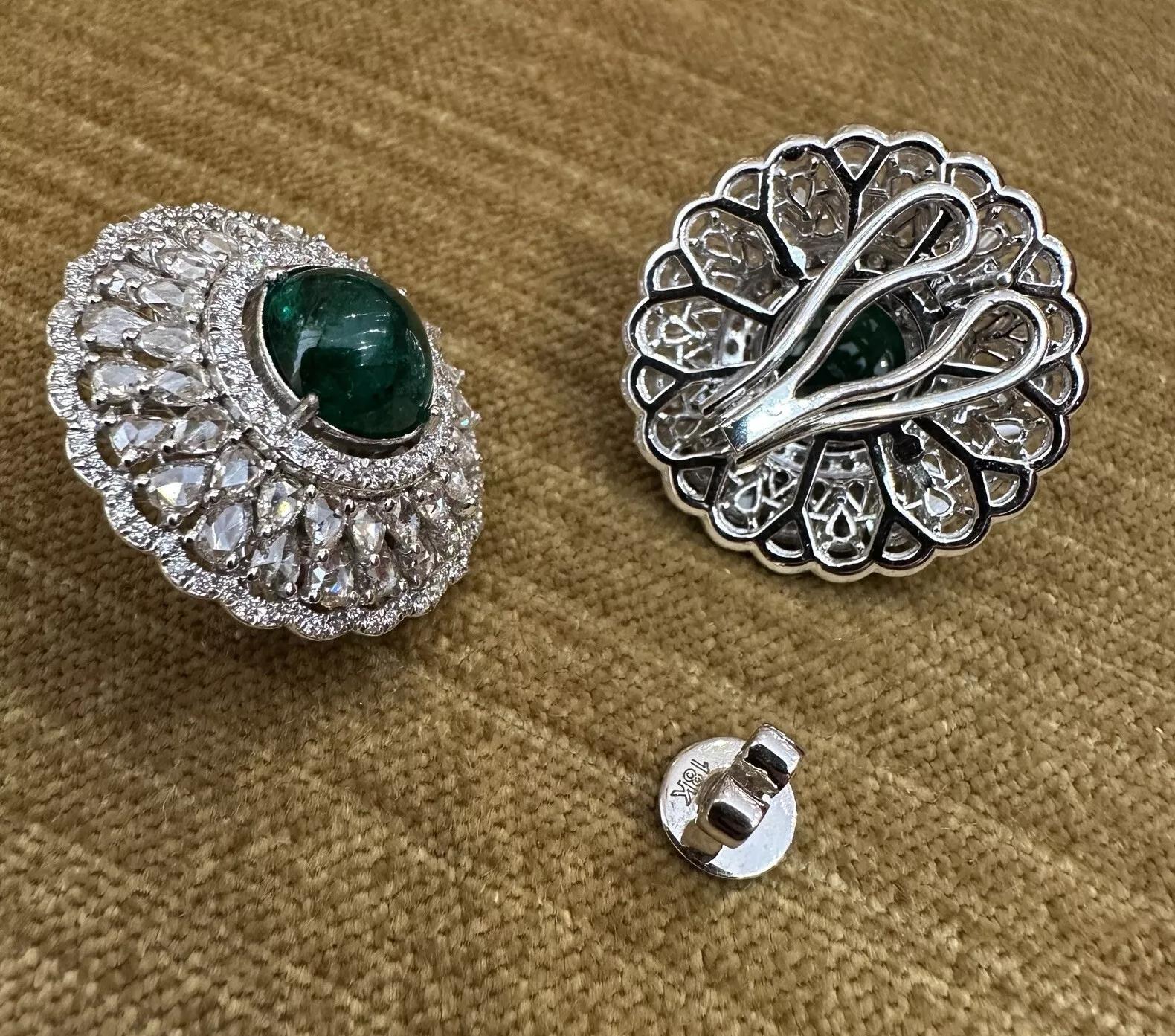 Women's Emerald Cabochon and Rose cut Diamond Earrings in 18k White Gold For Sale