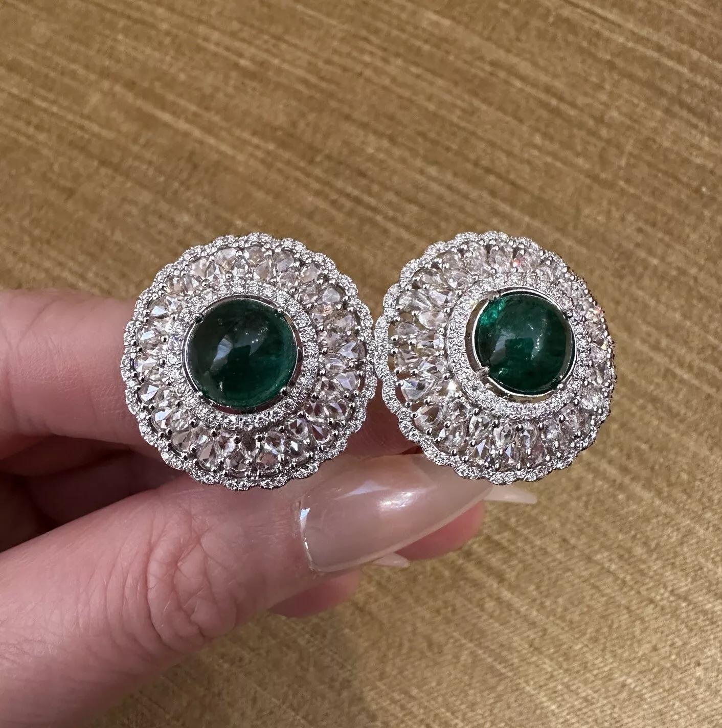 Emerald Cabochon and Rose cut Diamond Earrings in 18k White Gold For Sale 1