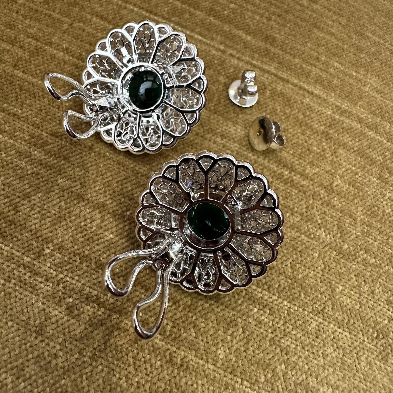 Emerald Cabochon and Rose cut Diamond Earrings in 18k White Gold For Sale 2