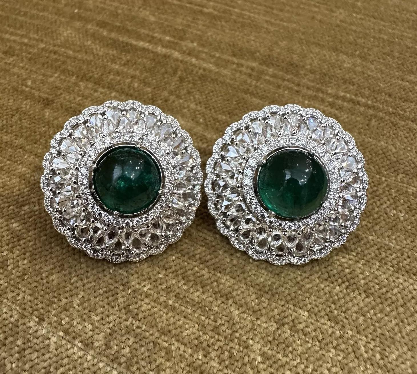 Emerald Cabochon and Rose cut Diamond Earrings in 18k White Gold For Sale 3