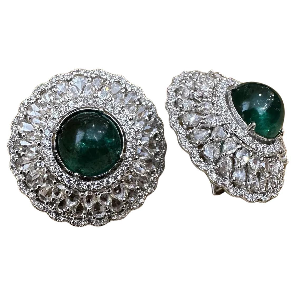 Emerald Cabochon and Rose cut Diamond Earrings in 18k White Gold