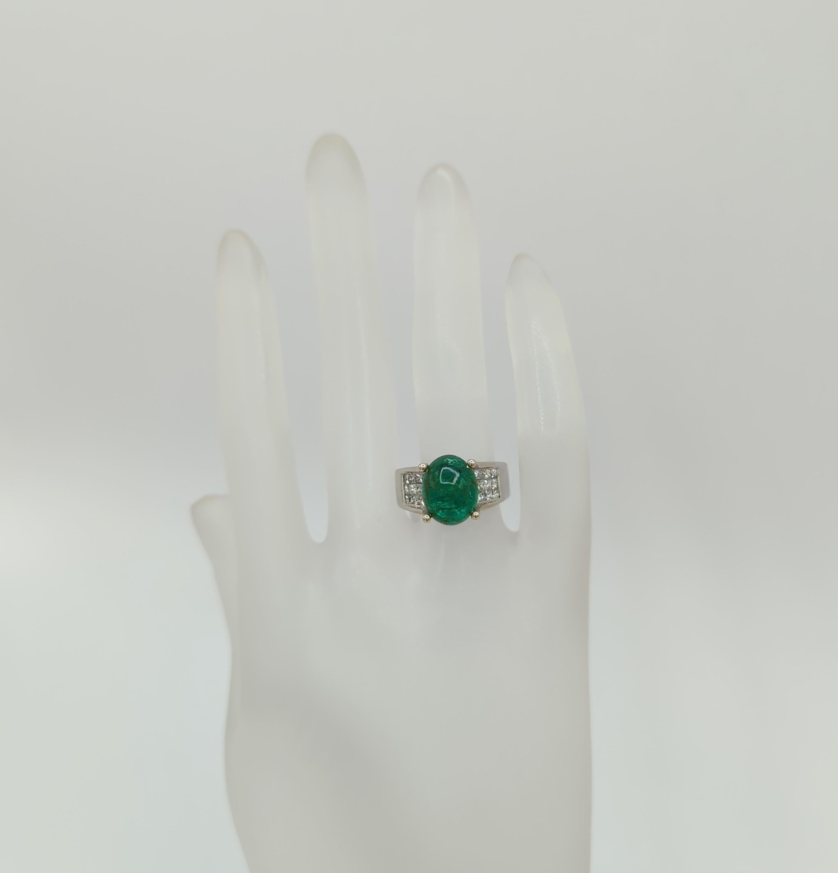 Oval Cut Emerald Cabochon and White Diamond Cocktail Ring in 18K White Gold For Sale