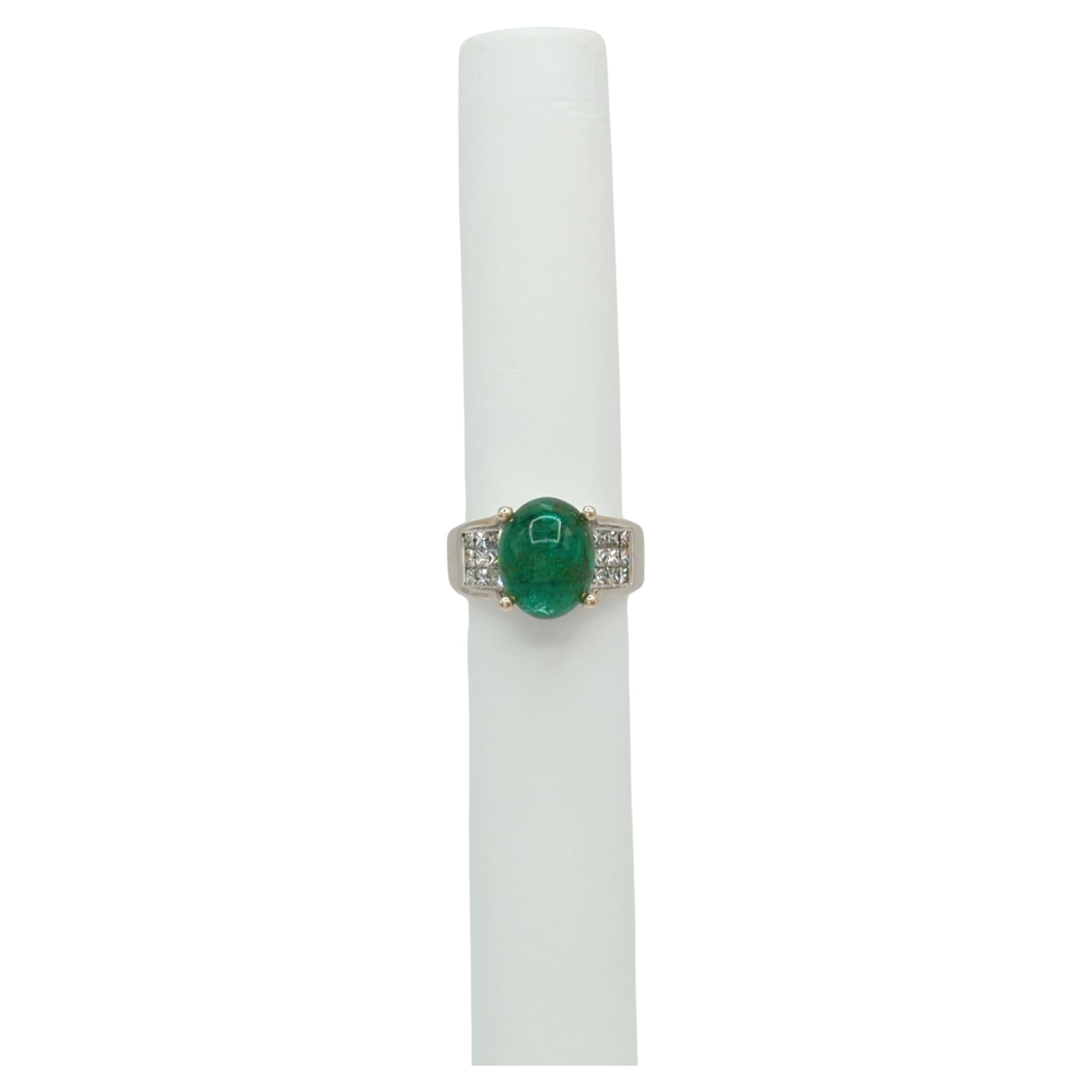 Emerald Cabochon and White Diamond Cocktail Ring in 18K White Gold