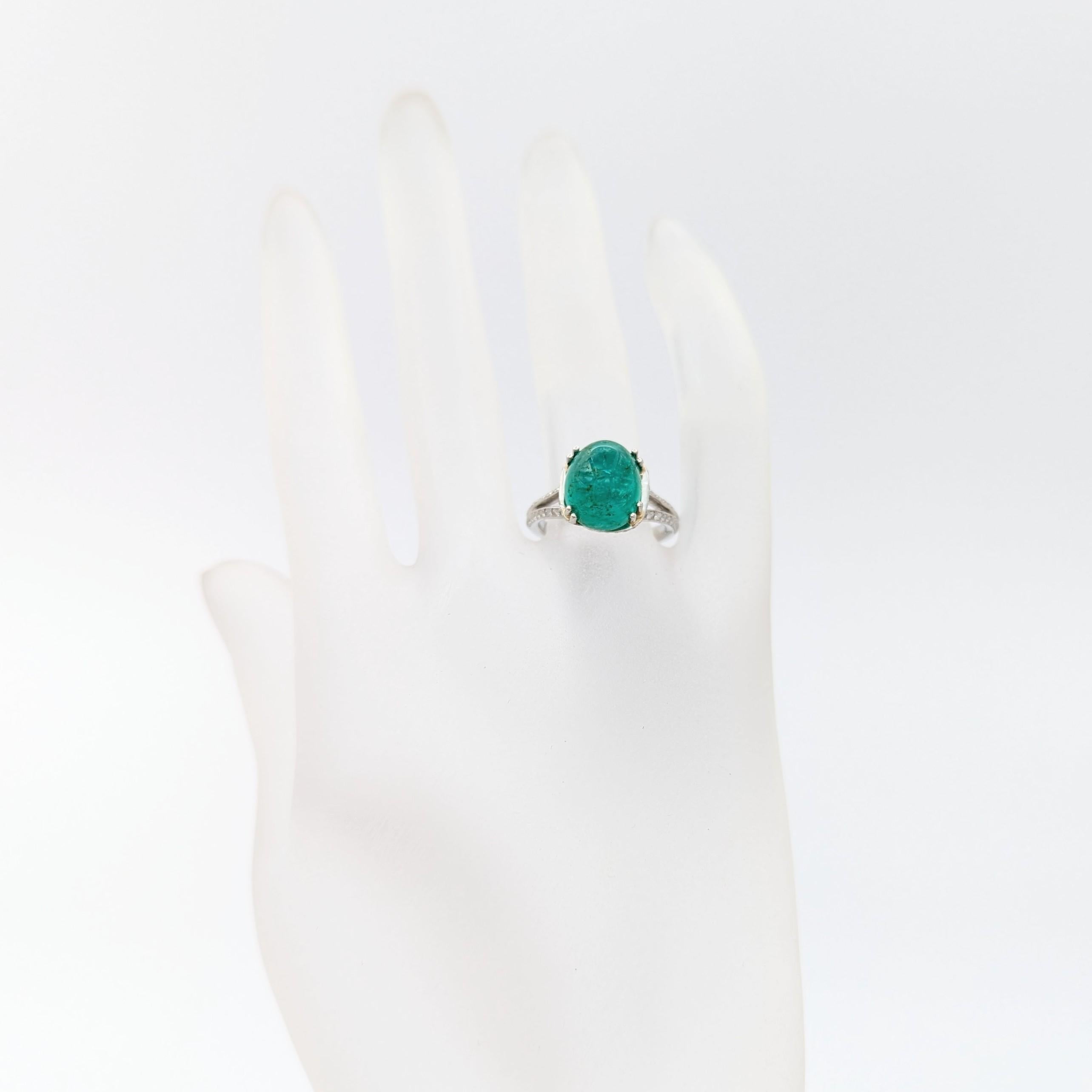 Oval Cut Emerald Cabochon and White Diamond Cocktail Ring in Platinum For Sale