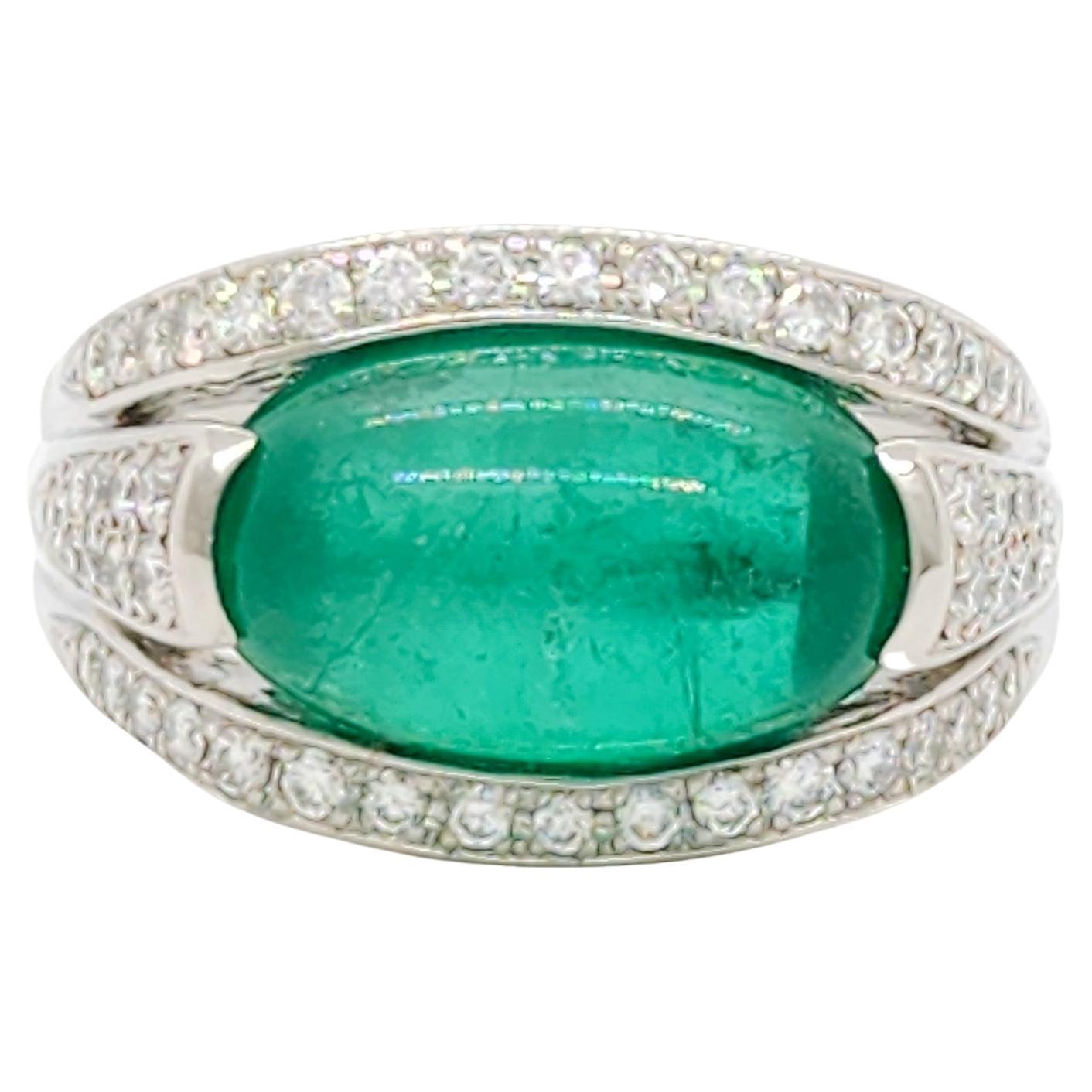 Emerald Cabochon and White Diamond Cocktail Ring in Platinum