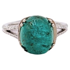 Emerald Cabochon and White Diamond Cocktail Ring in Platinum