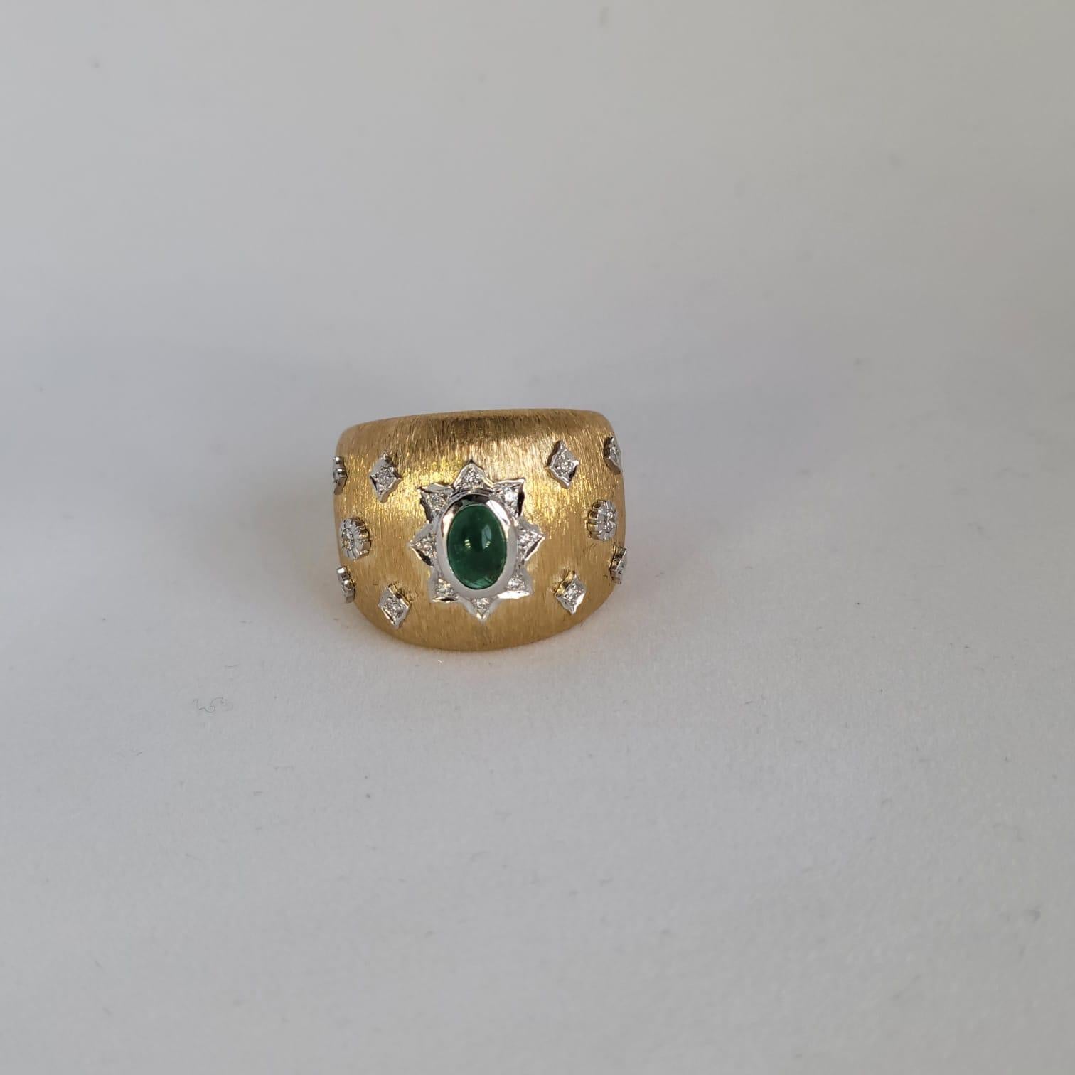 Modern Emerald Cabochon Art Deco Cocktail Ring with Diamonds 18K in Florentine Finish