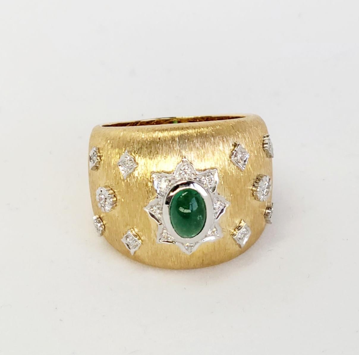 Emerald Cabochon Art Deco Cocktail Ring with Diamonds 18K in Florentine Finish 2