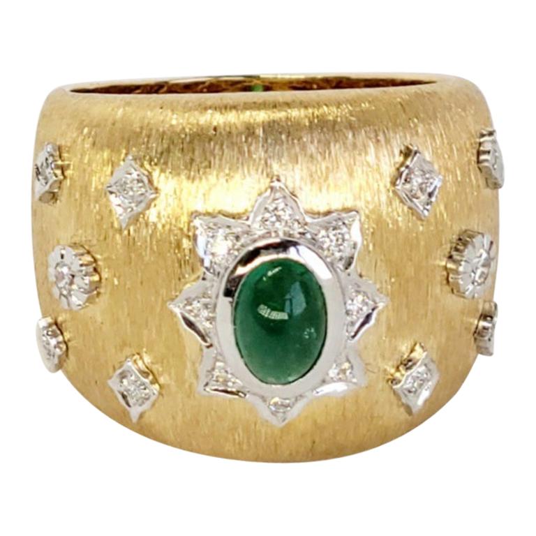 Emerald Cabochon Art Deco Cocktail Ring with Diamonds 18K in Florentine Finish