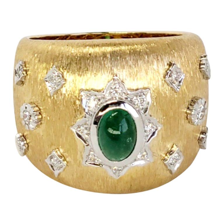 Emerald Cabochon Art Deco Style Ring with Diamonds 18K in Florentine Finish