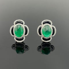Emerald Cabochon, Black Onyx and Diamond Earring and Ring Suite