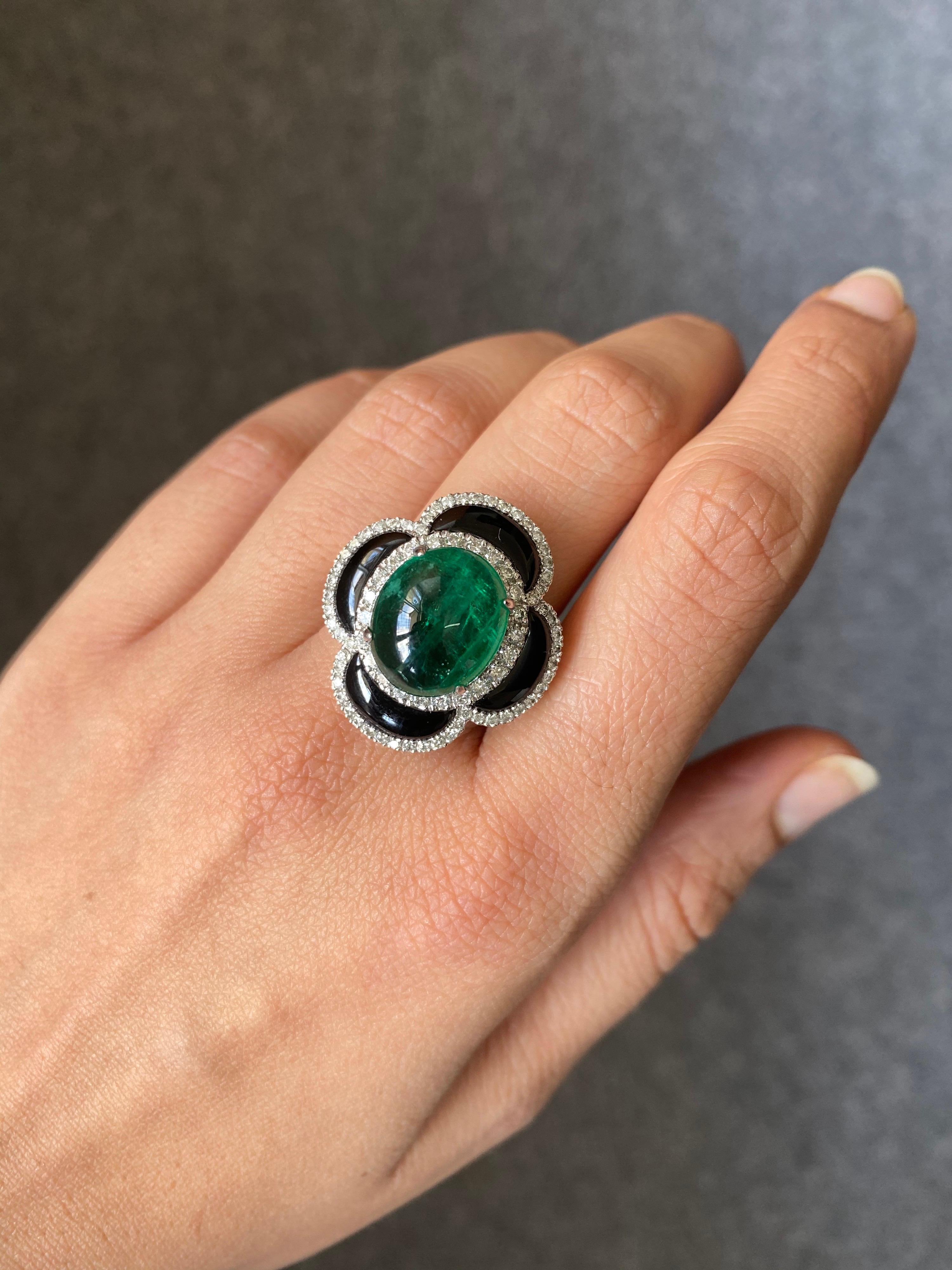 Art Deco Emerald Cabochon, Black Onyx and Diamond Earring and Ring Suite For Sale