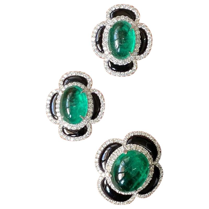 Emerald Cabochon, Black Onyx and Diamond Earring and Ring Suite