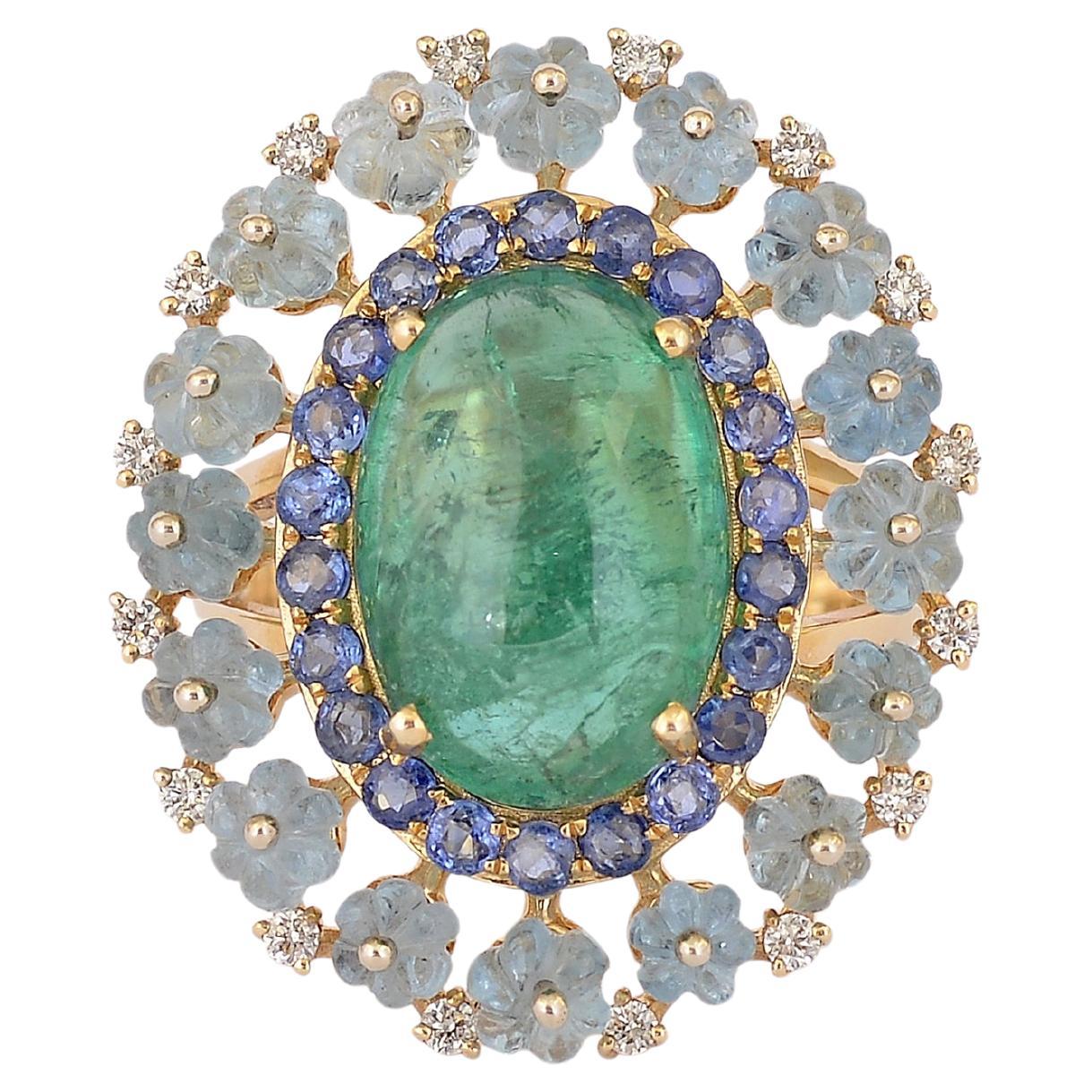 Emerald Cabochon Cocktail ring with hand carved aquamarine and diamonds in Gold