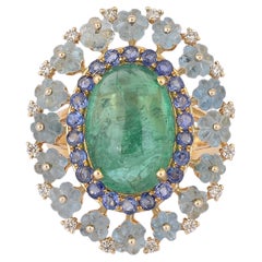 Emerald Cabochon Cocktail ring with hand carved aquamarine and diamonds in Gold