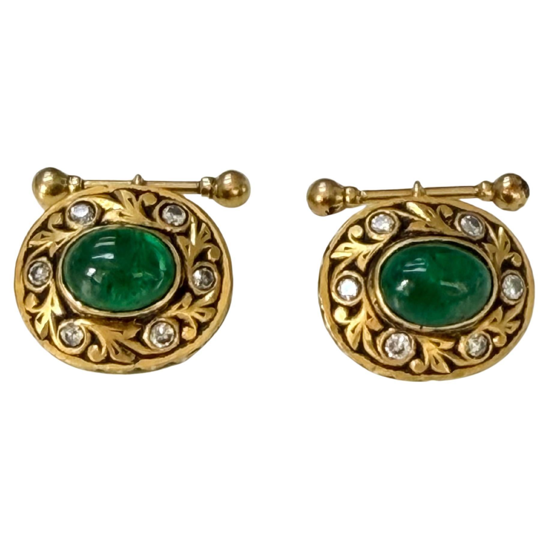 Emerald Cabochon Diamond And Enamel Cufflinks In Yellow Gold.