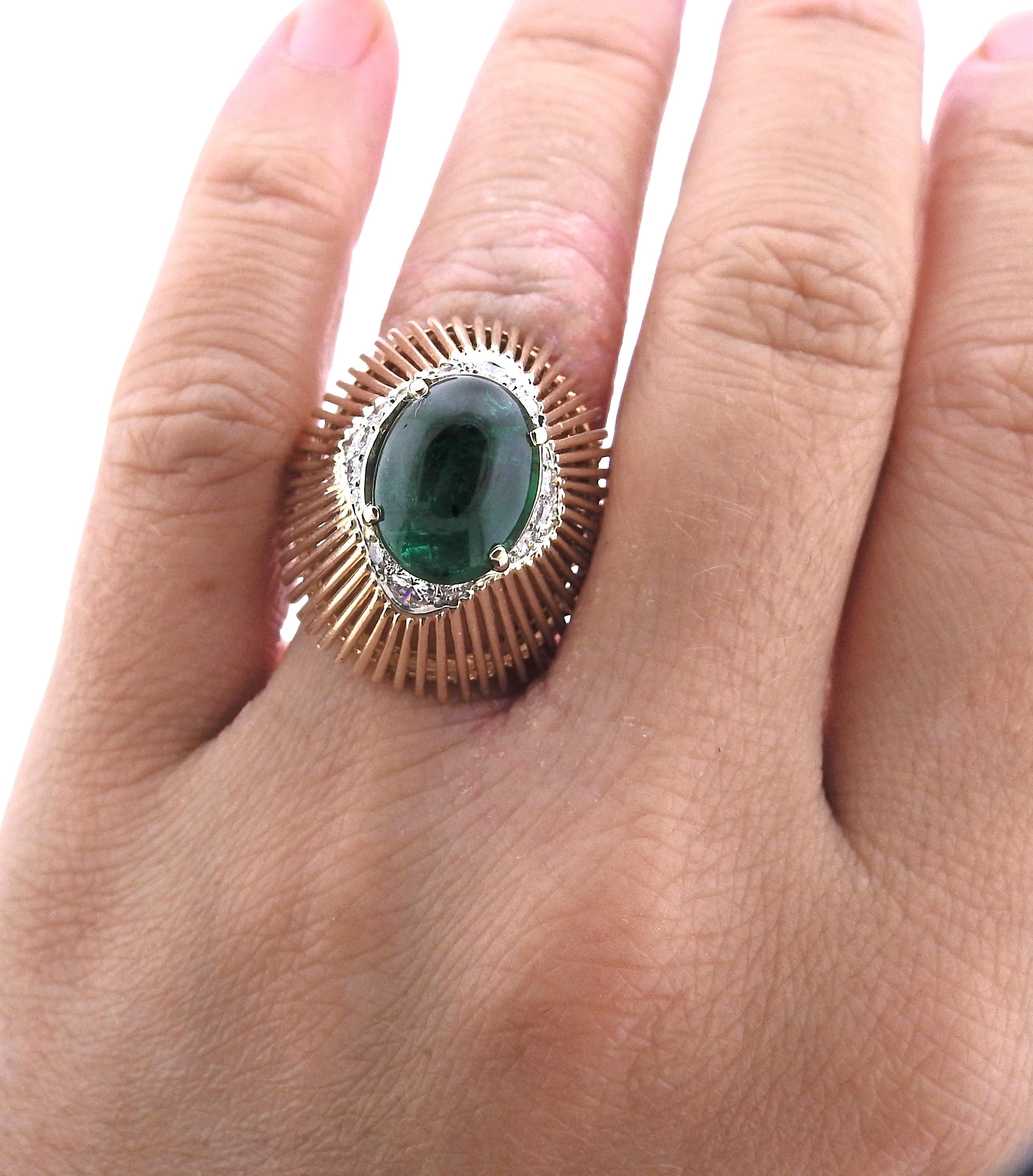 Emerald Cabochon Diamond Gold Cocktail Ring For Sale 1