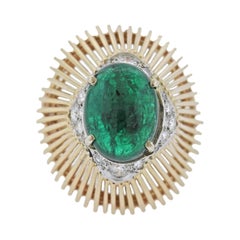 Vintage Emerald Cabochon Diamond Gold Cocktail Ring