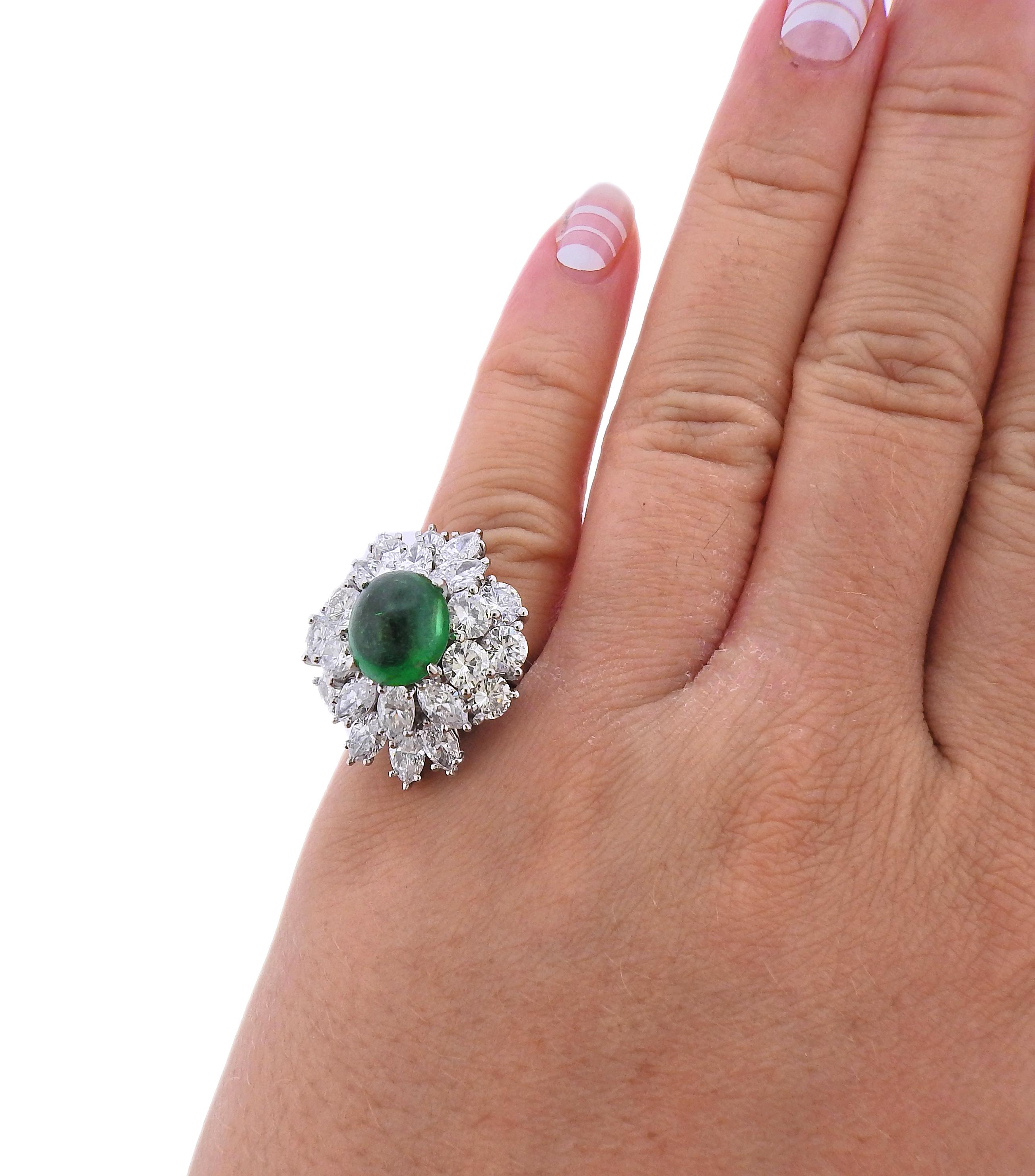 Women's Emerald Cabochon Diamond Platinum Cocktail Ring For Sale