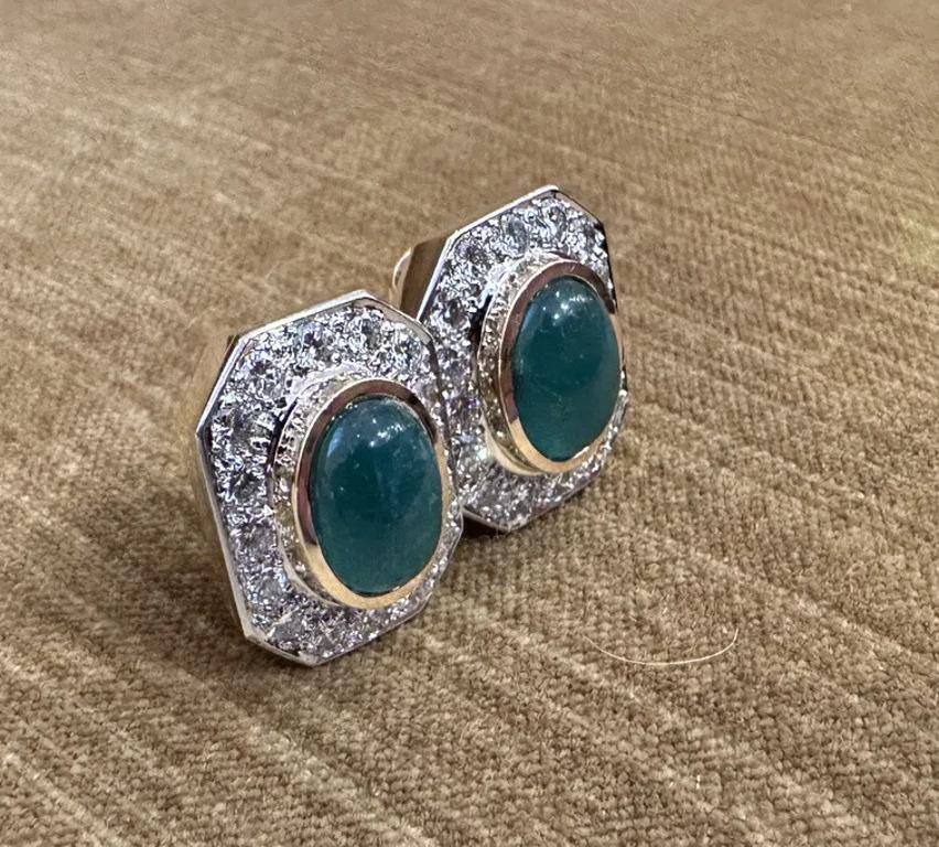 Emerald Cabochon & Diamond Statement Earrings in 18k Yellow Gold In Good Condition For Sale In La Jolla, CA