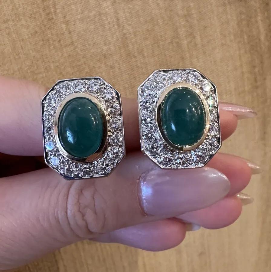 Emerald Cabochon & Diamond Statement Earrings in 18k Yellow Gold For Sale 1