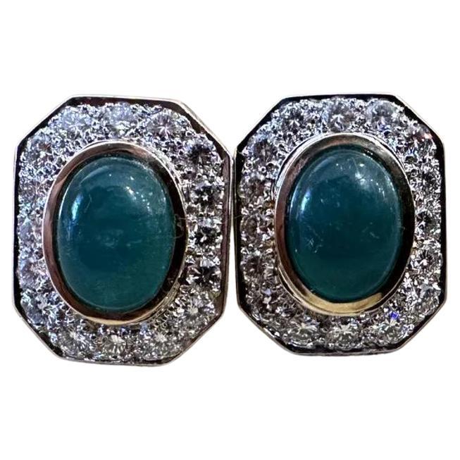 Emerald Cabochon & Diamond Statement Earrings in 18k Yellow Gold For Sale