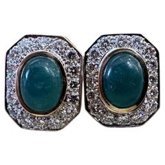 Vintage Emerald Cabochon & Diamond Statement Earrings in 18k Yellow Gold