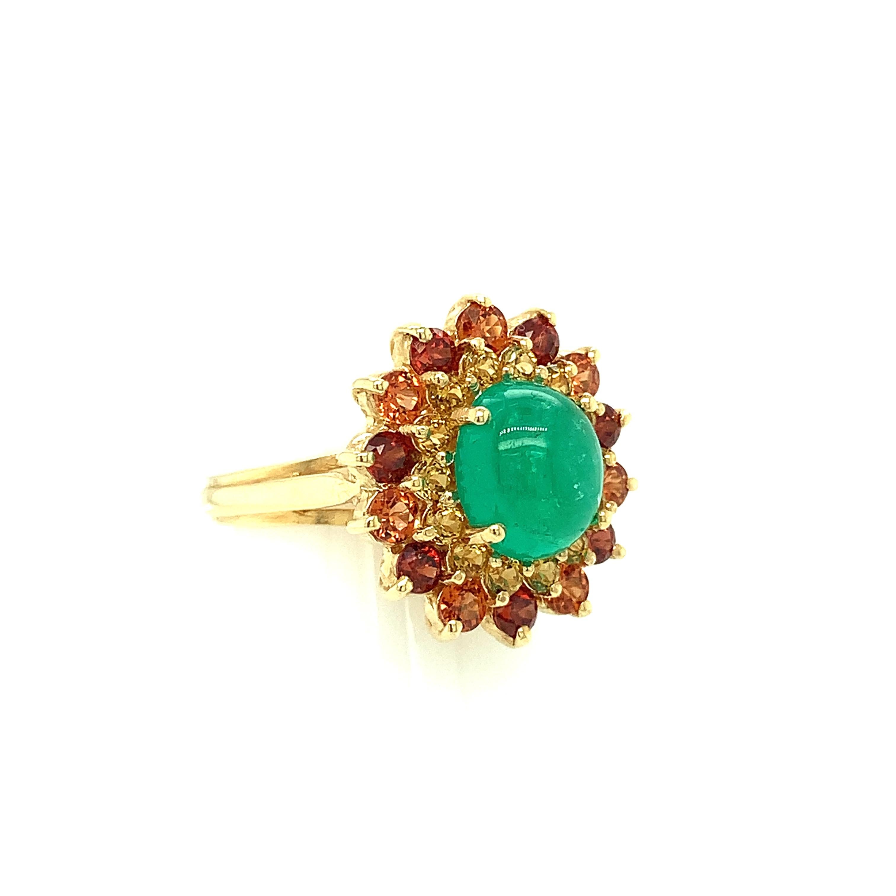 Emerald Cabochon, Golden Tourmaline & Garnet Halo Yellow Gold Cocktail Ring In New Condition In Los Angeles, CA