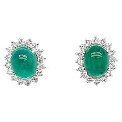 Emerald Cabochon in Diamond Halo Stud Earrings